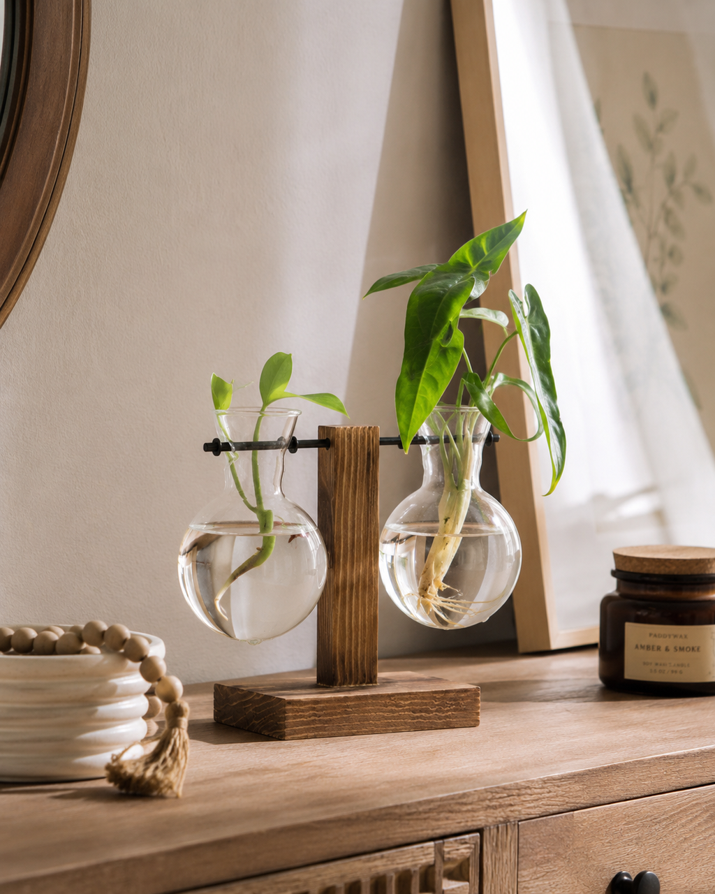 Glass Bulb Vase – Hydroponic Flower Vase with Wooden Stand for Home Decor