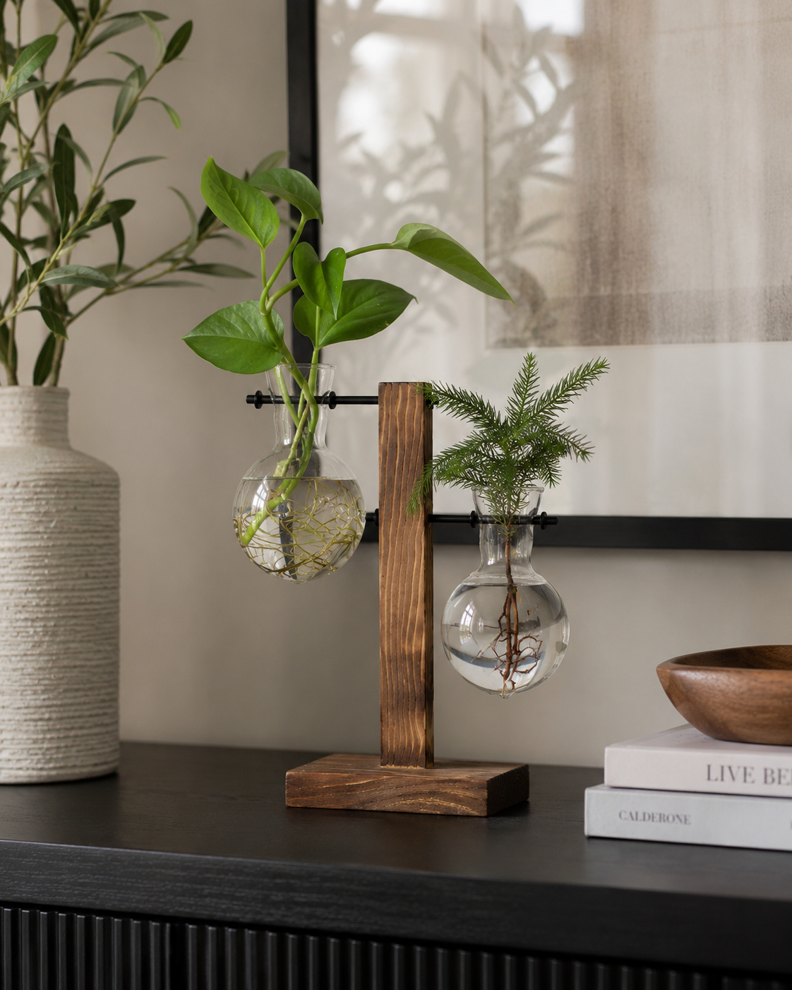 Glass Bulb Vase with Wooden Stand