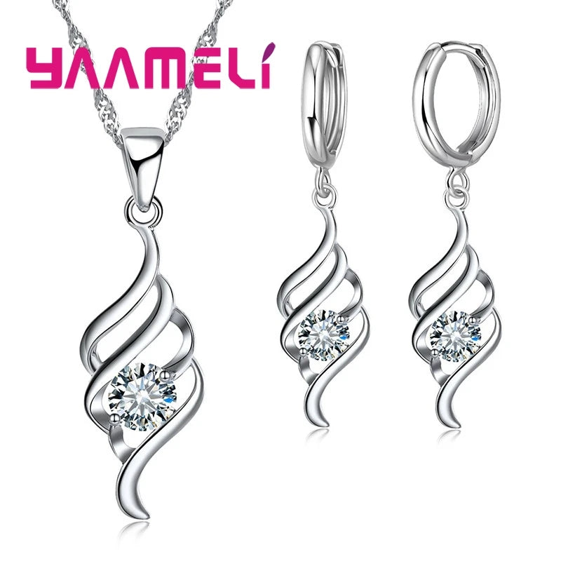 Jewellery Set Women's – 925 Sterling Silver Colour Pendant Necklace & Hoop Earrings