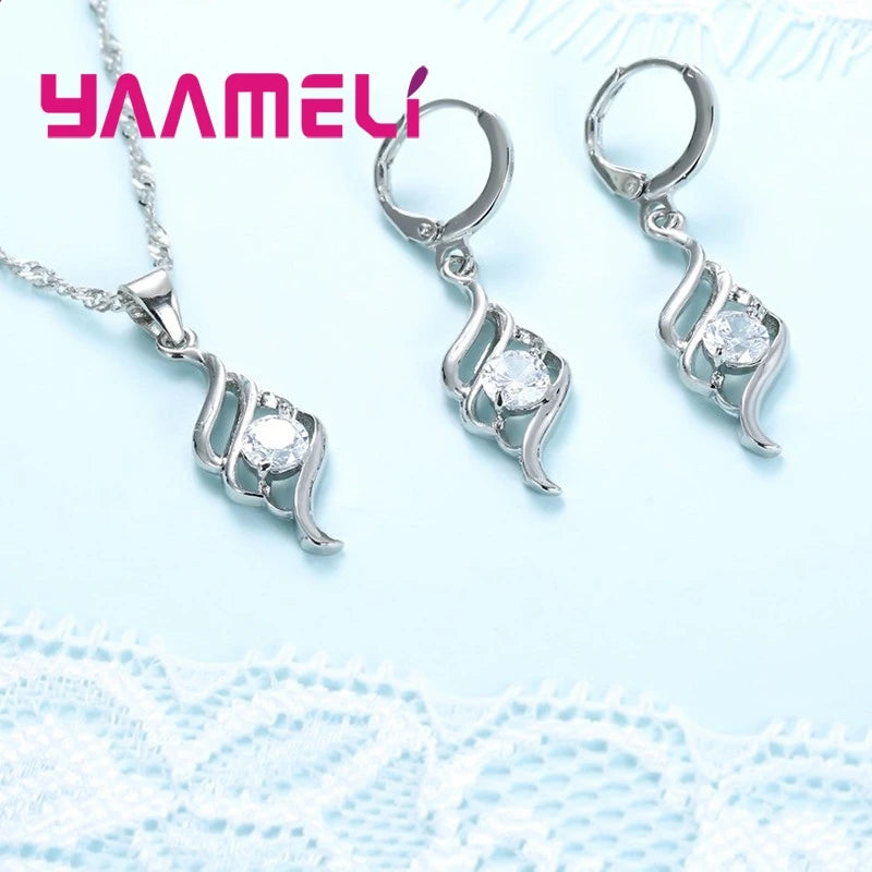 Jewellery Set Women's – 925 Sterling Silver Colour Pendant Necklace & Hoop Earrings