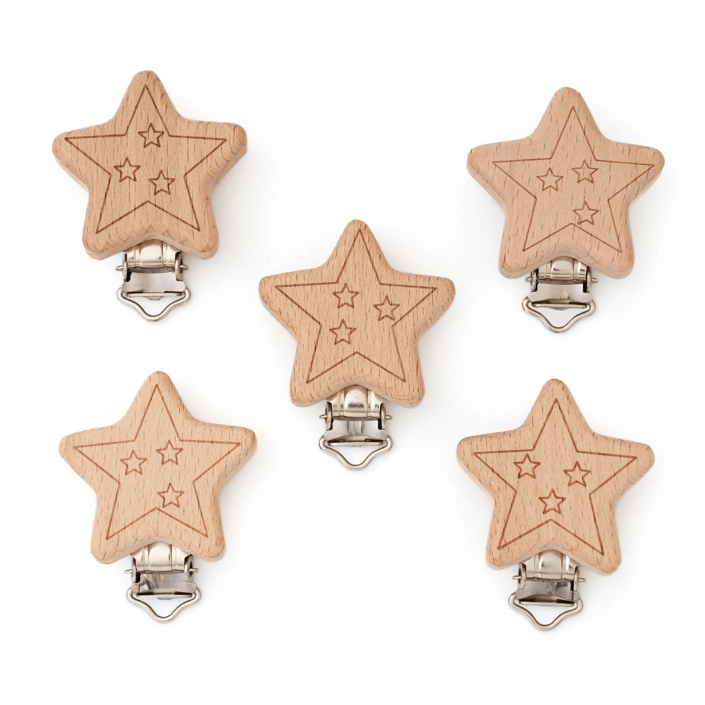 Wooden Pacifier Clips – 5-Pack Beech Teething Dummy Clip Chains for Baby