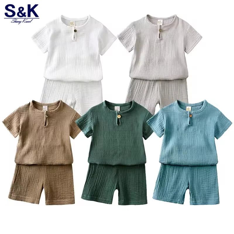 Kids Cotton Linen Outfit Set – 2-Piece T-Shirt & Shorts, Boys & Girls 0-7Y