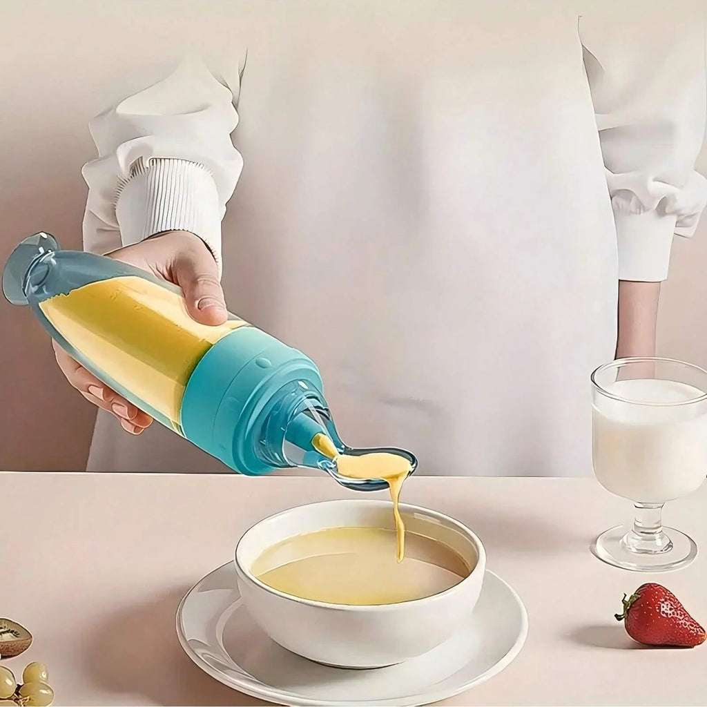 Baby Bottle Feeder – 90ml Silicone Squeeze Feeder with Soft Spoon, Suction Cup & Dust Cap