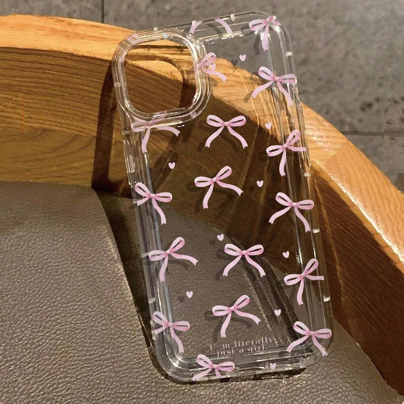 Heart Bow iPhone Case – Cute Pink Clear Shockproof Cover for iPhone 11-17 Pro Max