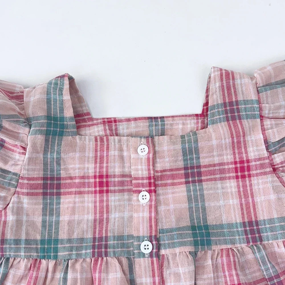 Girls 2-Piece Outfit Set – Square Collar Checkered Top & Wide Leg Pants, Ages 3-10