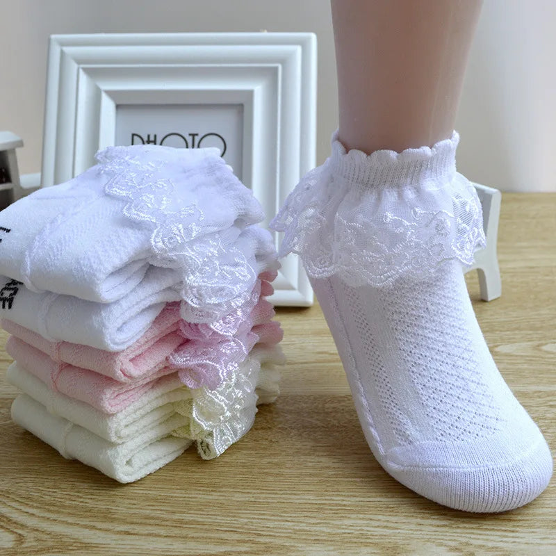 Girls Lace Socks – Cotton Ruffle Princess Ankle Socks, Breathable Mesh, 1-15 Years