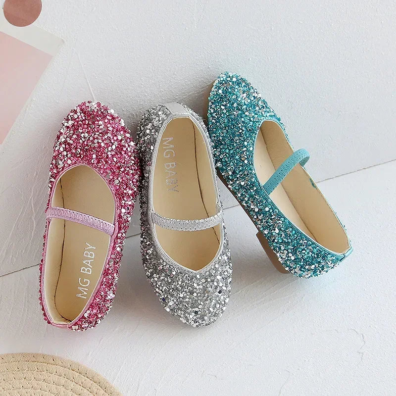 Girls Princess Dress Shoes – Bling Pointed Toe Leather Wedding Shoes, Sizes 21-35