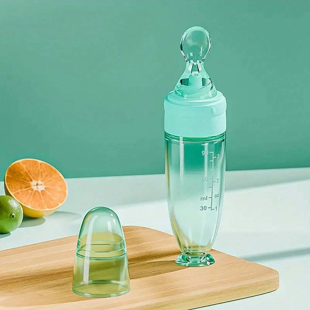 Baby Bottle Feeder – 90ml Silicone Squeeze Feeder with Soft Spoon, Suction Cup & Dust Cap
