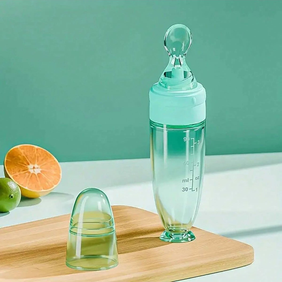 Baby Bottle Feeder – 90ml Silicone Squeeze Feeder with Soft Spoon, Suction Cup & Dust Cap