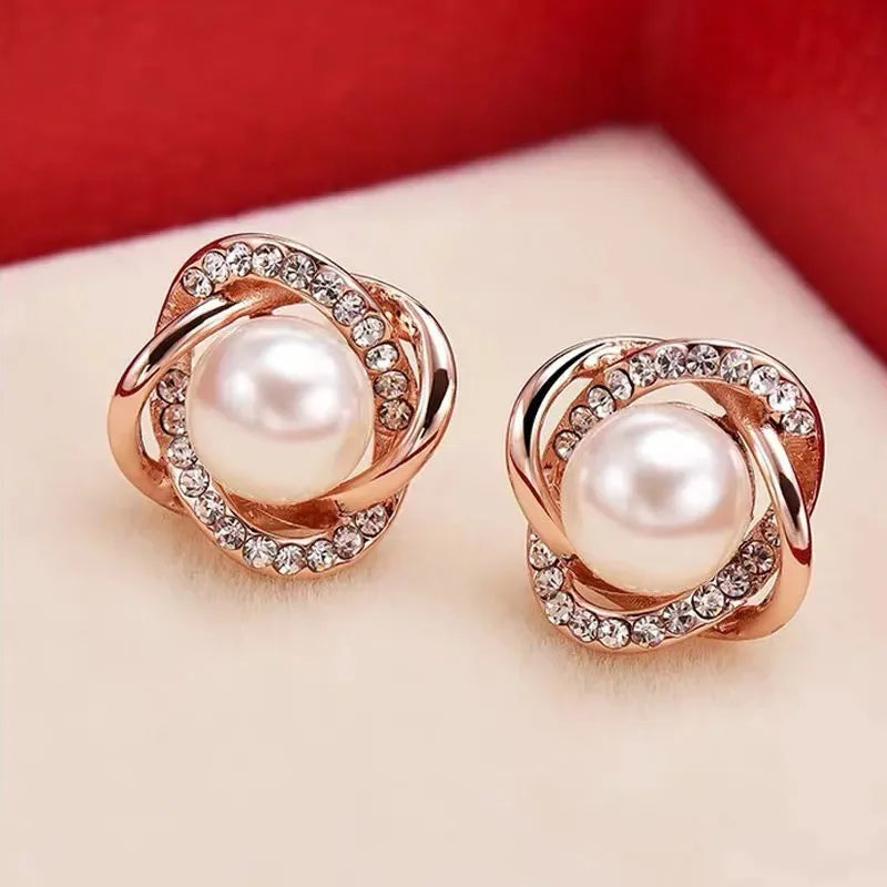 14k Gold Stud Earrings – Zircon Pearl Twist Drop Earrings for Women