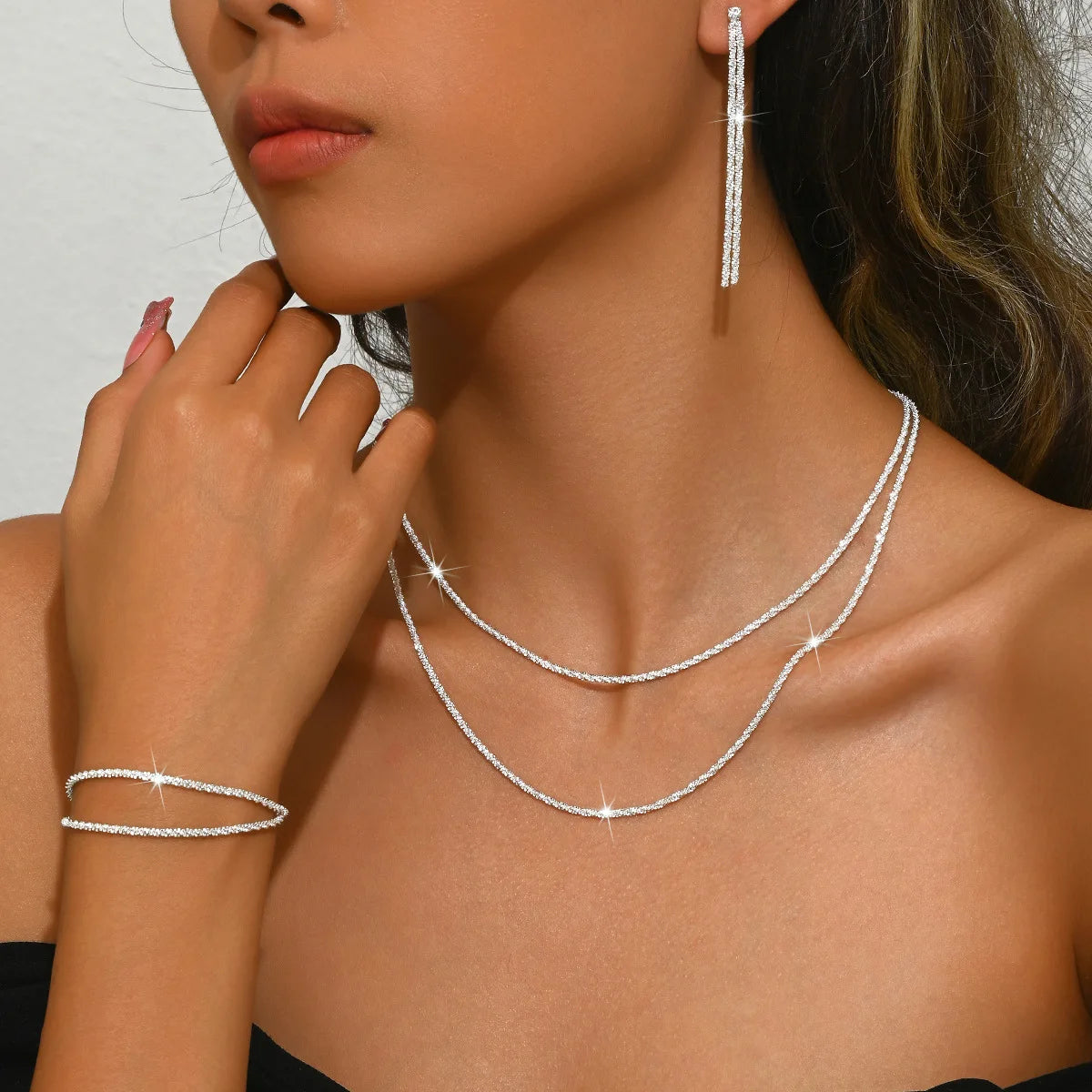 Necklace & Bracelet Set – Silver Plated Collarbone Chain, Minimalist Starry Sky Jewellery