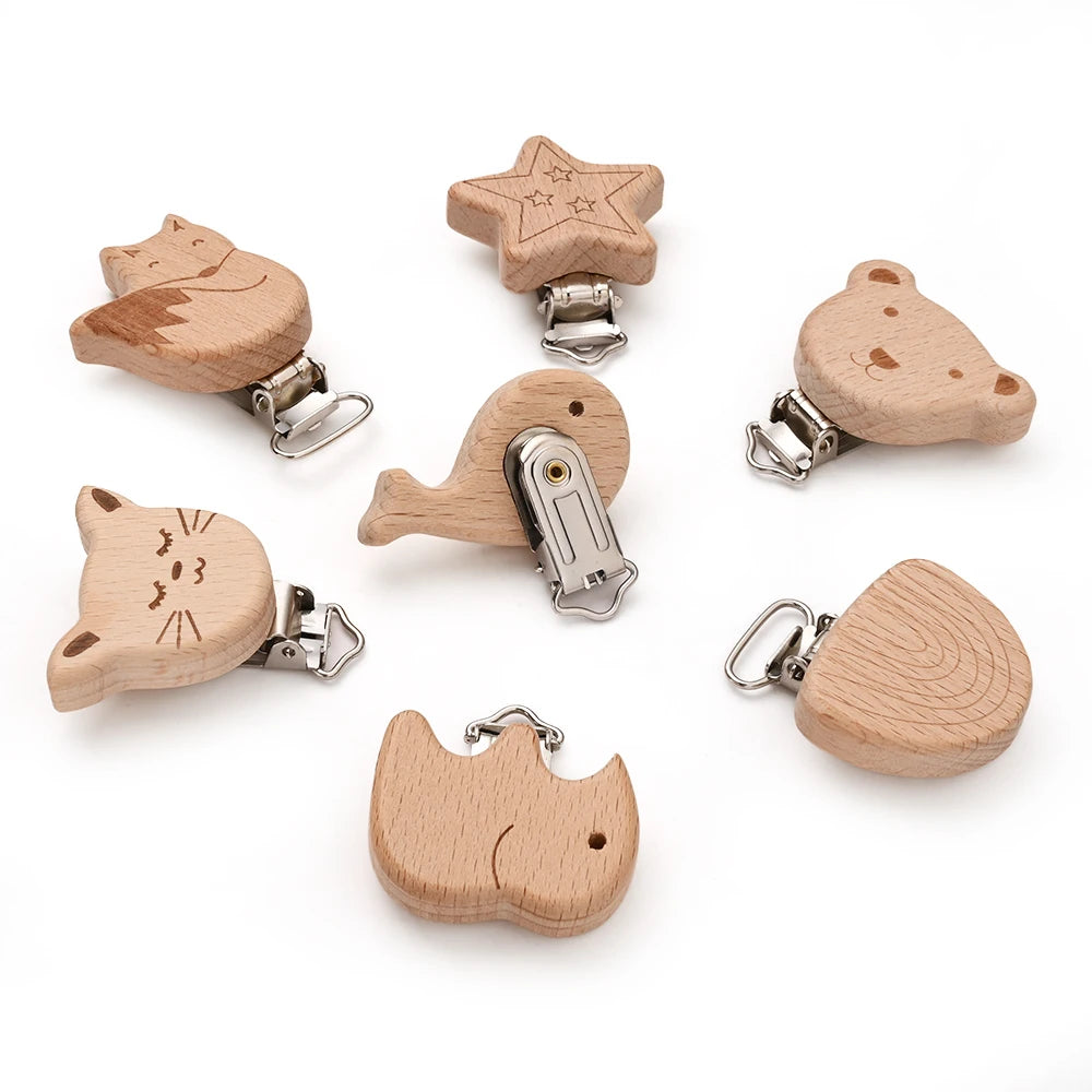 Wooden Pacifier Clips – 5-Pack Beech Teething Dummy Clip Chains for Baby