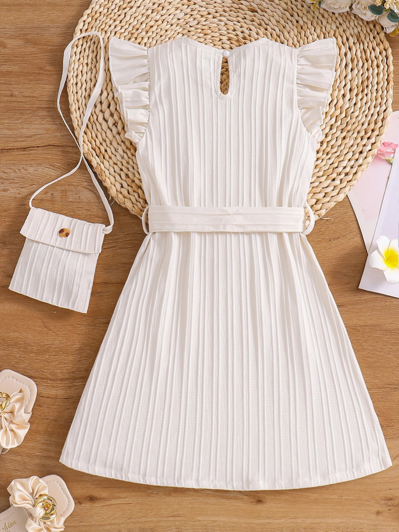 Girls Summer Dress – Round Neck Flutter Sleeve Dress with Satchel, 4-8Y