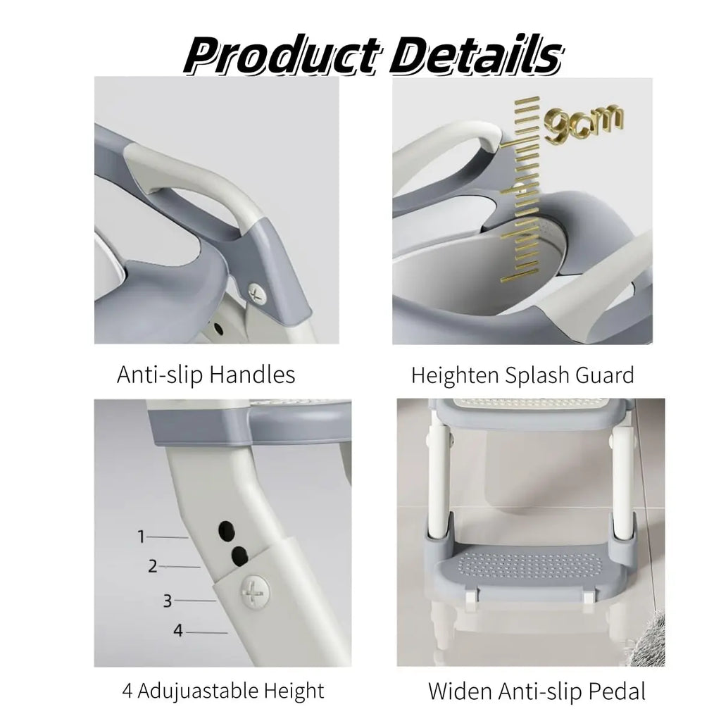 Kids Potty Training Seat – 3-in-1 Toddler Toilet Ladder with Non-Slip Splash Guard, Grey