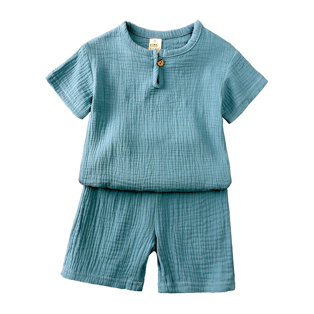 Kids Cotton Linen Outfit Set – 2-Piece T-Shirt & Shorts, Boys & Girls 0-7Y