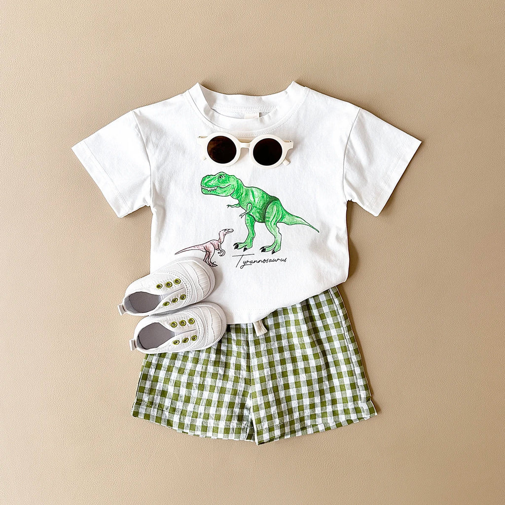 Baby Clothes Set – 2-Piece Dinosaur Print Top & Shorts Outfit for Boys & Girls, Summer