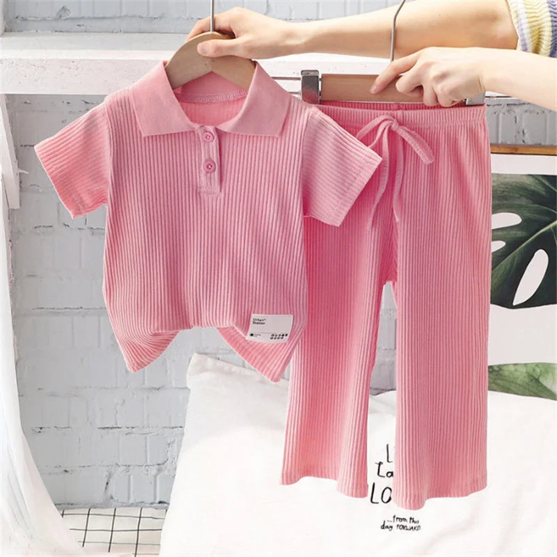 Girls Polo T-Shirt Set – 2-Piece Short Sleeve Tops & Pants Kids Outfit, 2-8 Years