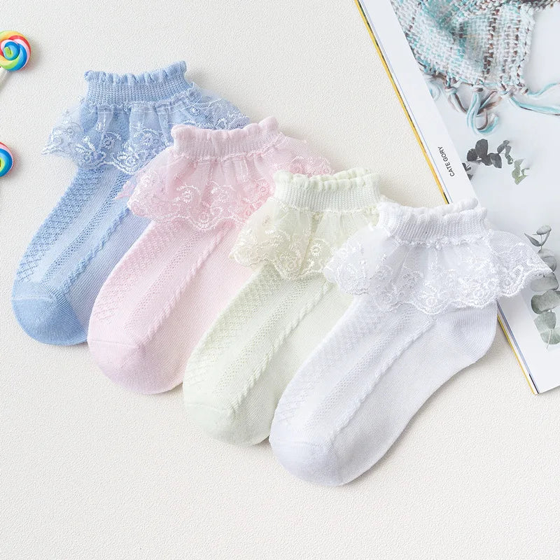 Girls Lace Socks – Cotton Ruffle Princess Ankle Socks, Breathable Mesh, 1-15 Years