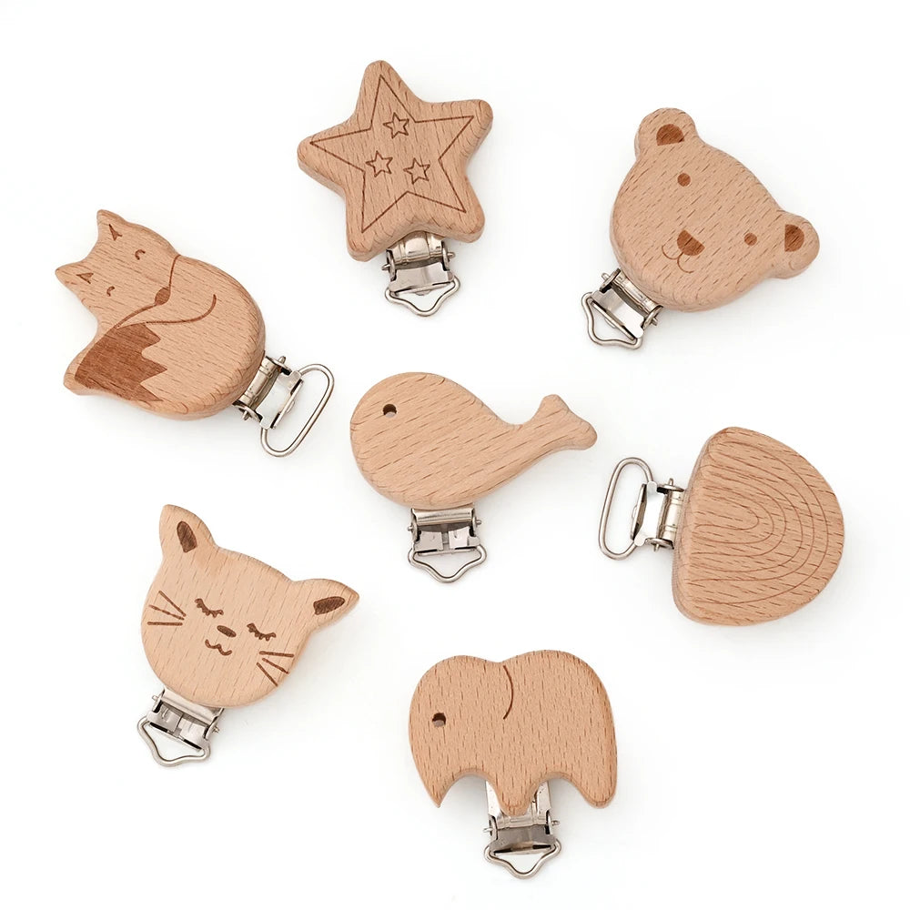 Wooden Pacifier Clips – 5-Pack Beech Teething Dummy Clip Chains for Baby