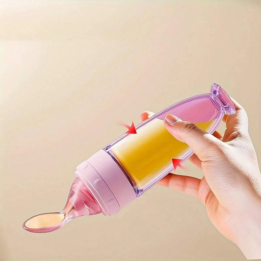 Baby Bottle Feeder – 90ml Silicone Squeeze Feeder with Soft Spoon, Suction Cup & Dust Cap