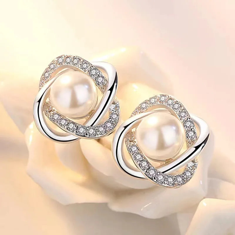 14k Gold Stud Earrings – Zircon Pearl Twist Drop Earrings for Women