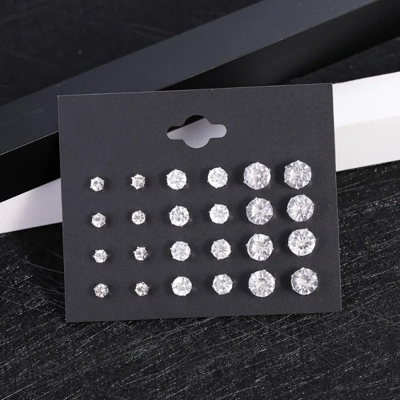 Crystal Stud Earrings – 12-Pack White Wedding Studs Set for Women & Men