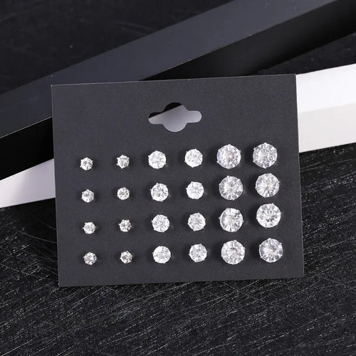 Crystal Stud Earrings – 12-Pack White Wedding Studs Set for Women & Men