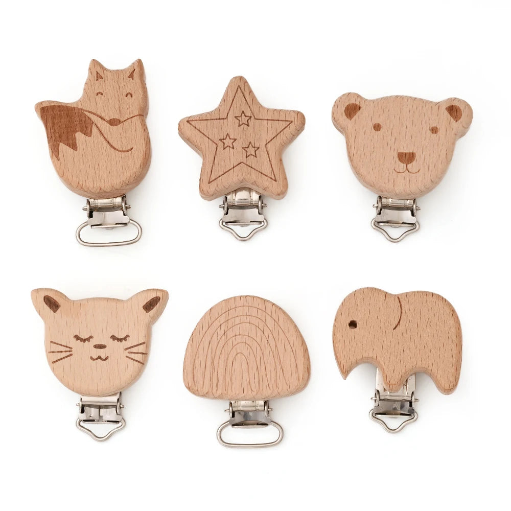 Wooden Pacifier Clips – 5-Pack Beech Teething Dummy Clip Chains for Baby