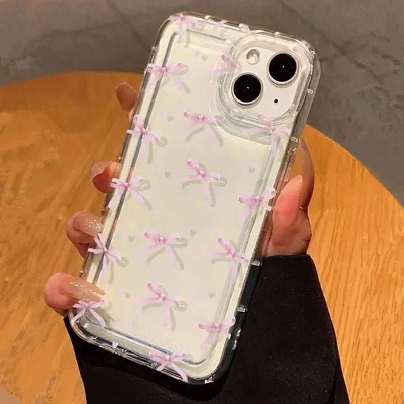 Heart Bow iPhone Case – Cute Pink Clear Shockproof Cover for iPhone 11-17 Pro Max