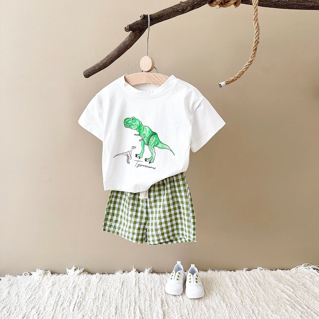 Baby Clothes Set – 2-Piece Dinosaur Print Top & Shorts Outfit for Boys & Girls, Summer