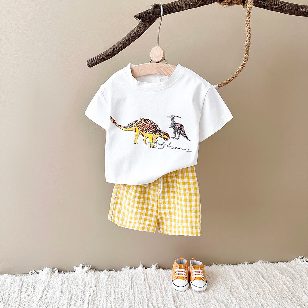 Baby Clothes Set – 2-Piece Dinosaur Print Top & Shorts Outfit for Boys & Girls, Summer