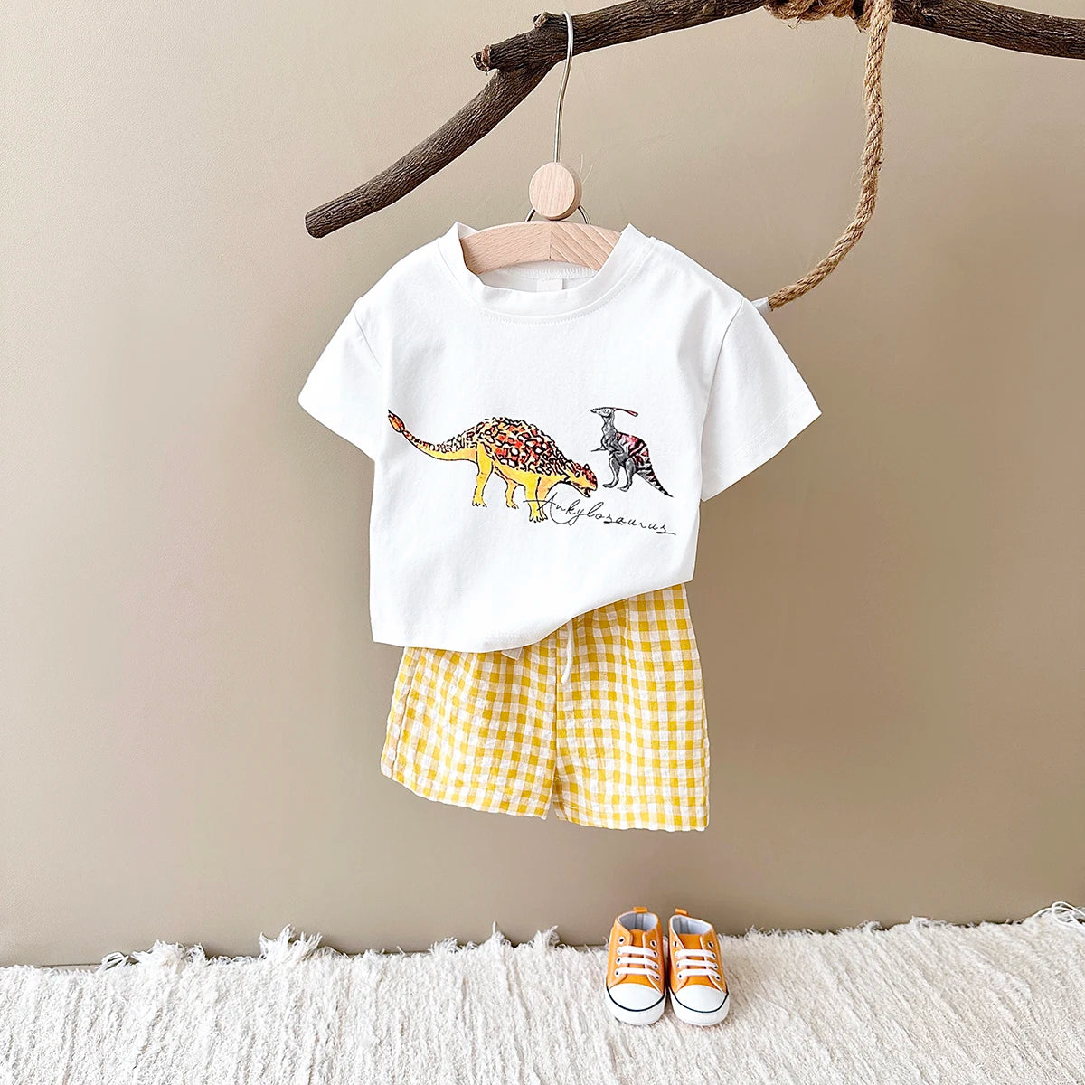 Baby Clothes Set – 2-Piece Dinosaur Print Top & Shorts Outfit for Boys & Girls, Summer