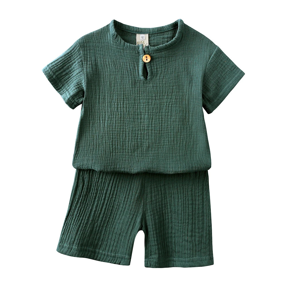 Kids Cotton Linen Outfit Set – 2-Piece T-Shirt & Shorts, Boys & Girls 0-7Y