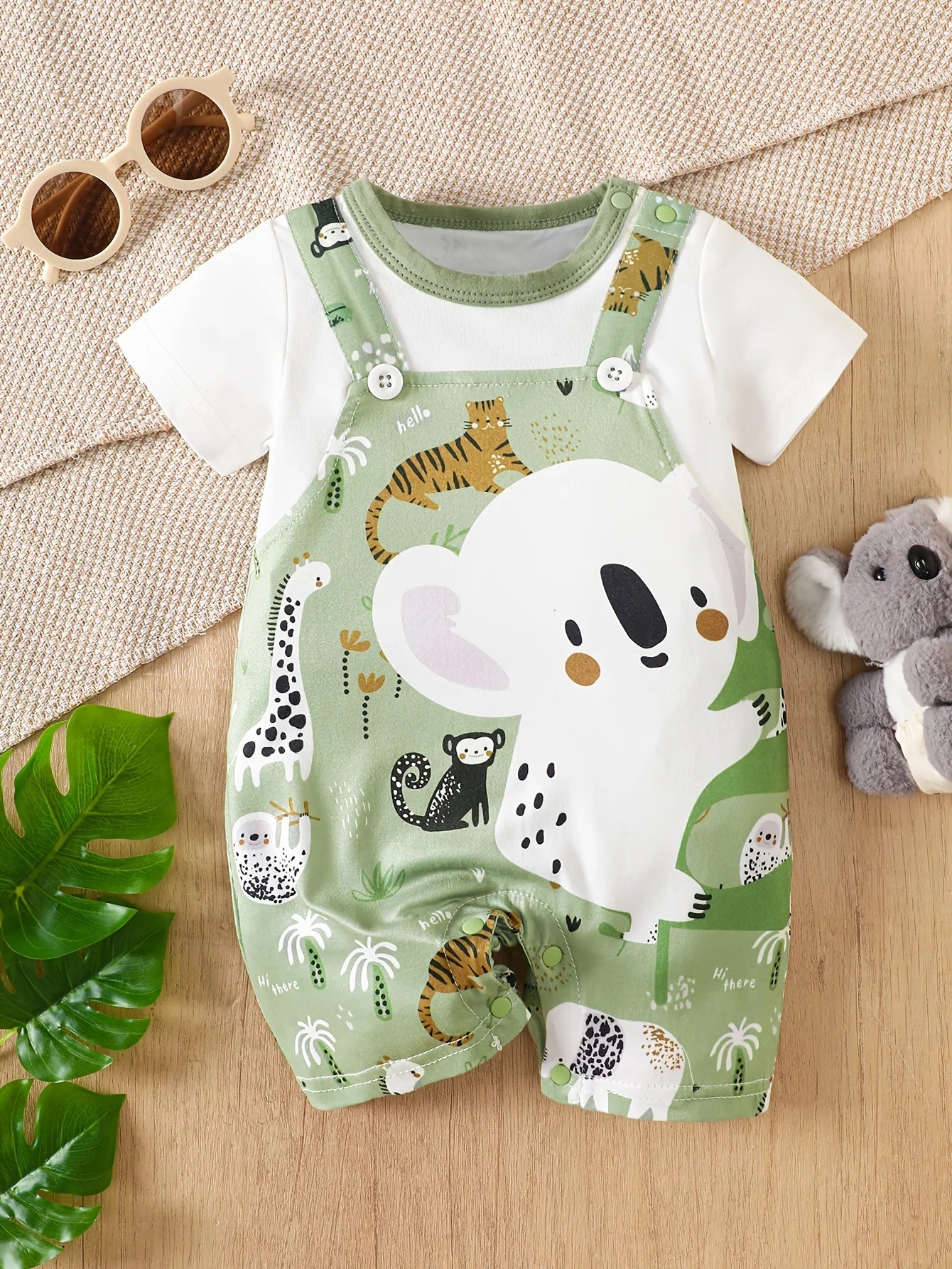 Baby Romper – Koala Animal Print Faux Two-Piece Bodysuit, Short Sleeve, 1-18M