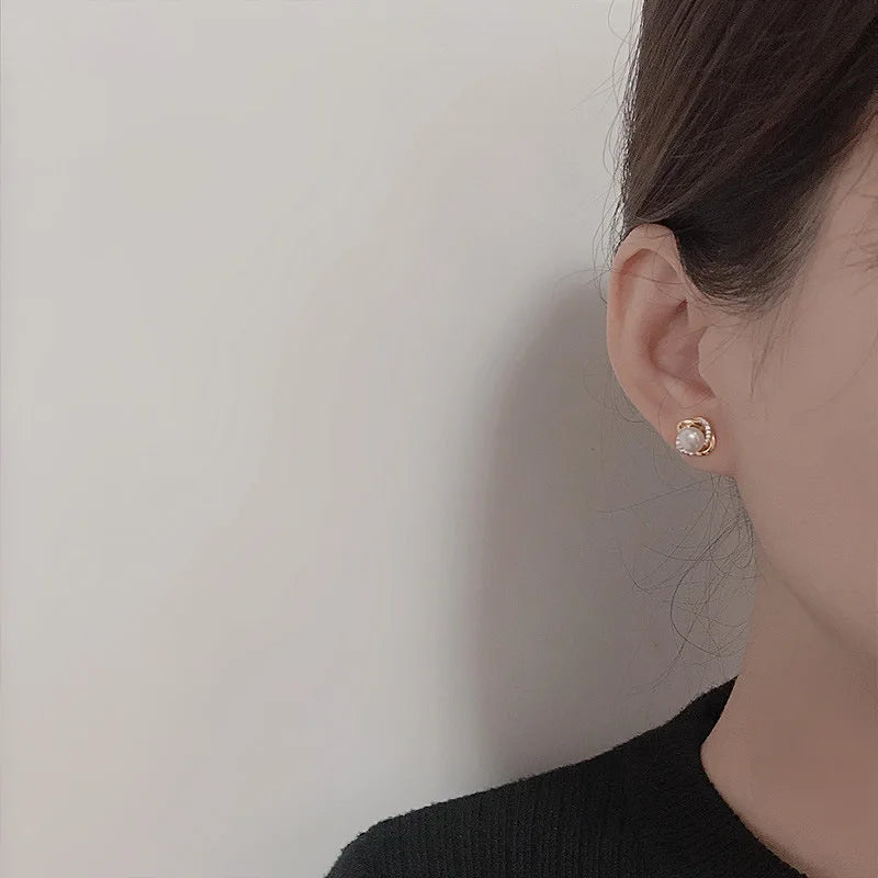 14k Gold Stud Earrings – Zircon Pearl Twist Drop Earrings for Women