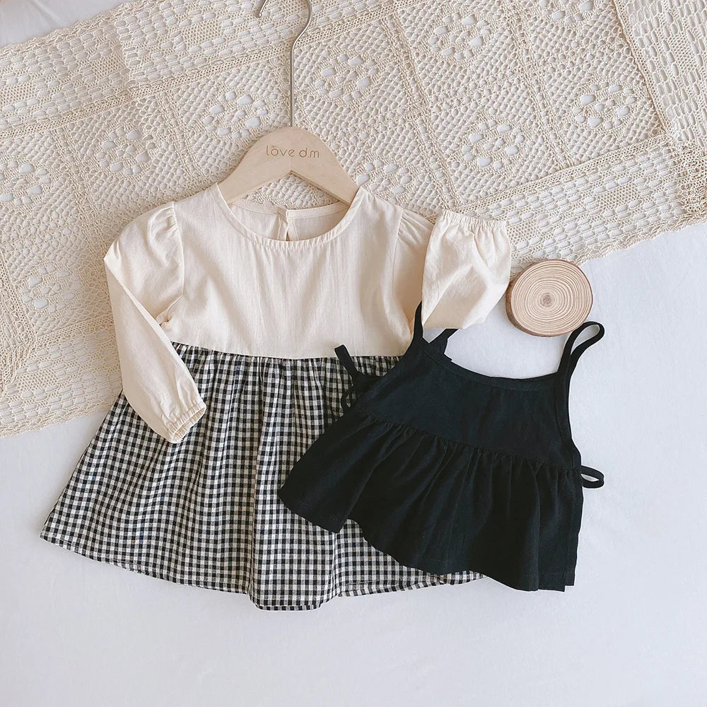 Baby Girl Plaid Dress & Romper Set – Dungaree One-Piece Spring Outfit, 6M-5T