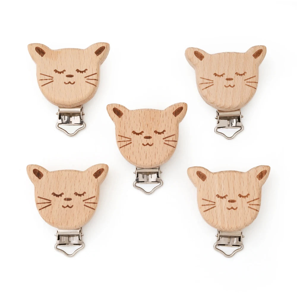 Wooden Pacifier Clips – 5-Pack Beech Teething Dummy Clip Chains for Baby