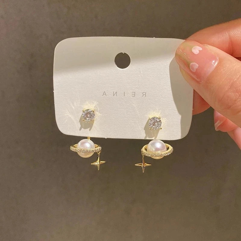 14k Gold Stud Earrings – Zircon Pearl Twist Drop Earrings for Women