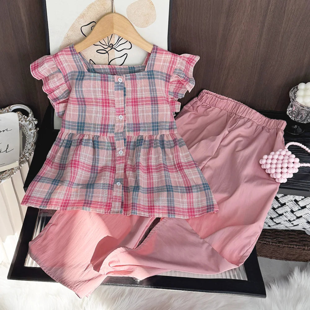Girls 2-Piece Outfit Set – Square Collar Checkered Top & Wide Leg Pants, Ages 3-10