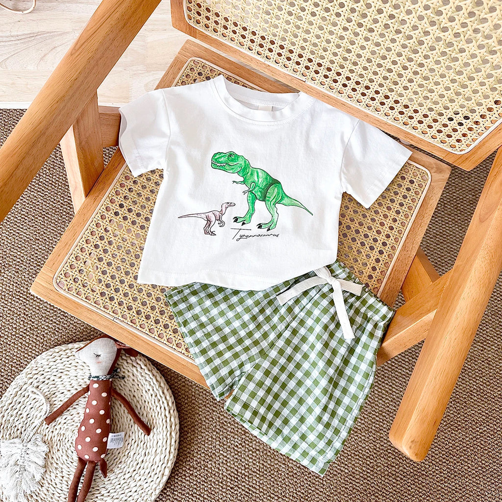 Baby Clothes Set – 2-Piece Dinosaur Print Top & Shorts Outfit for Boys & Girls, Summer