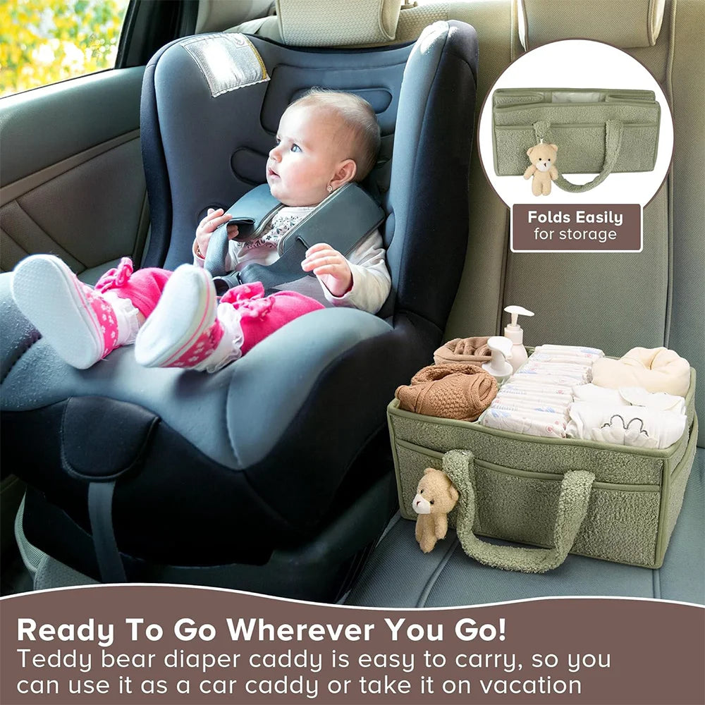 Baby Diaper Caddy Organizer – Plush Teddy Bear Nappy Storage Basket for Newborn