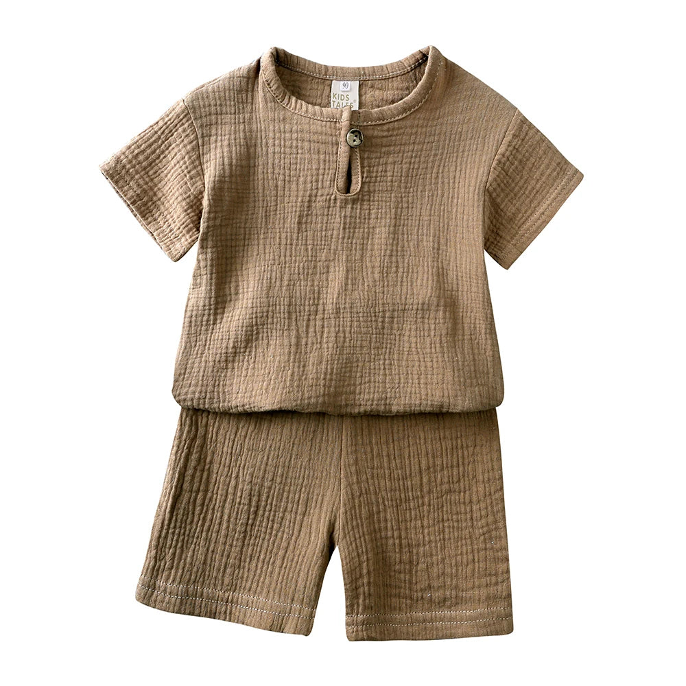 Kids Cotton Linen Outfit Set – 2-Piece T-Shirt & Shorts, Boys & Girls 0-7Y