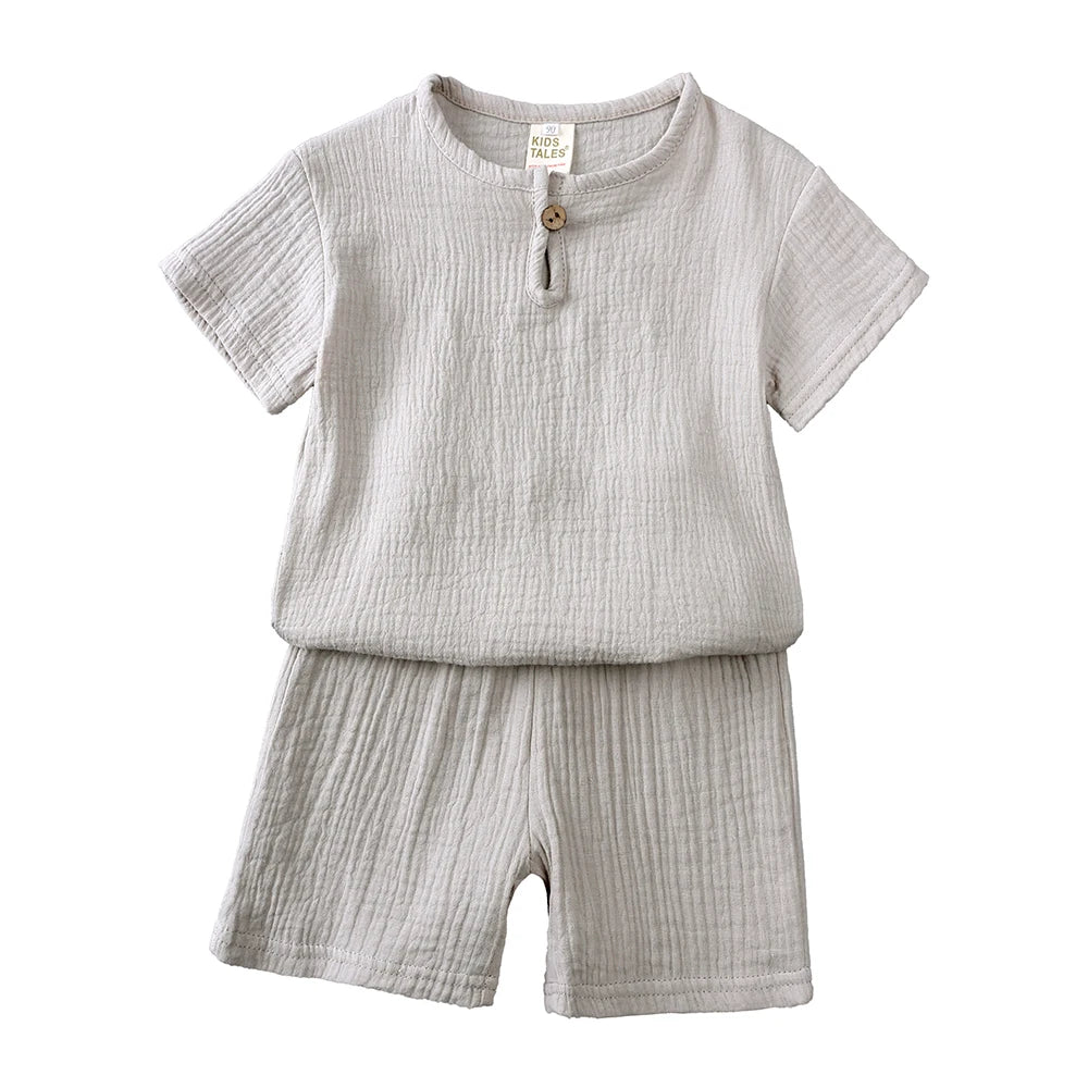 Kids Cotton Linen Outfit Set – 2-Piece T-Shirt & Shorts, Boys & Girls 0-7Y
