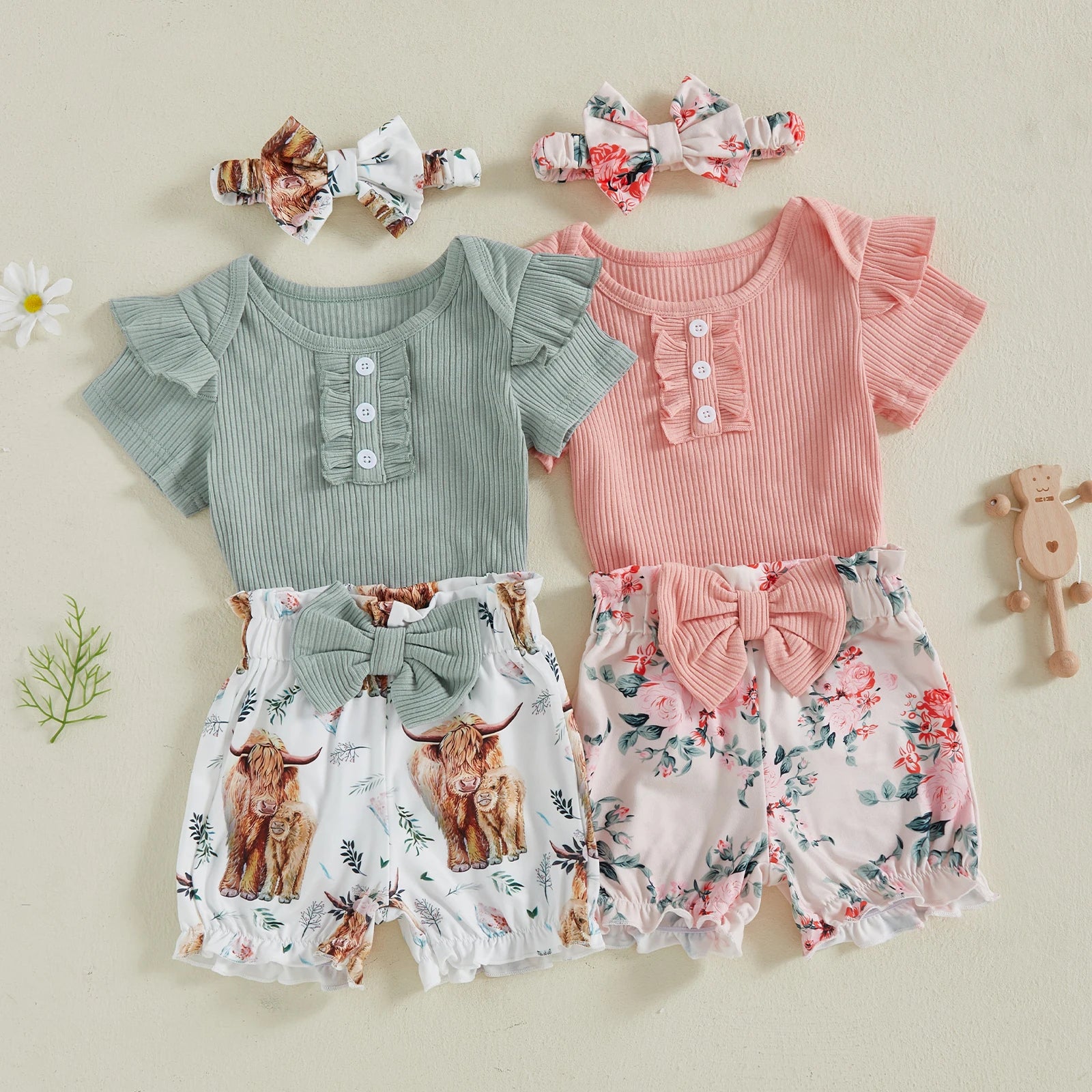 Baby Girl Outfit Set – Short Sleeve Romper, Cow Print Shorts & Headband, 3-Piece, 0-18M
