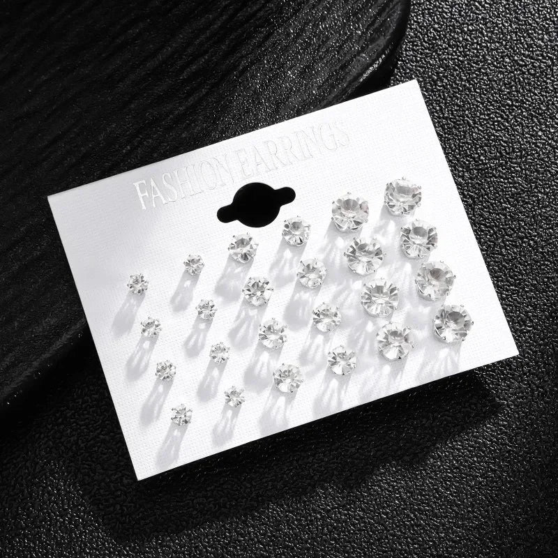 Crystal Stud Earrings – 12-Pack White Wedding Studs Set for Women & Men