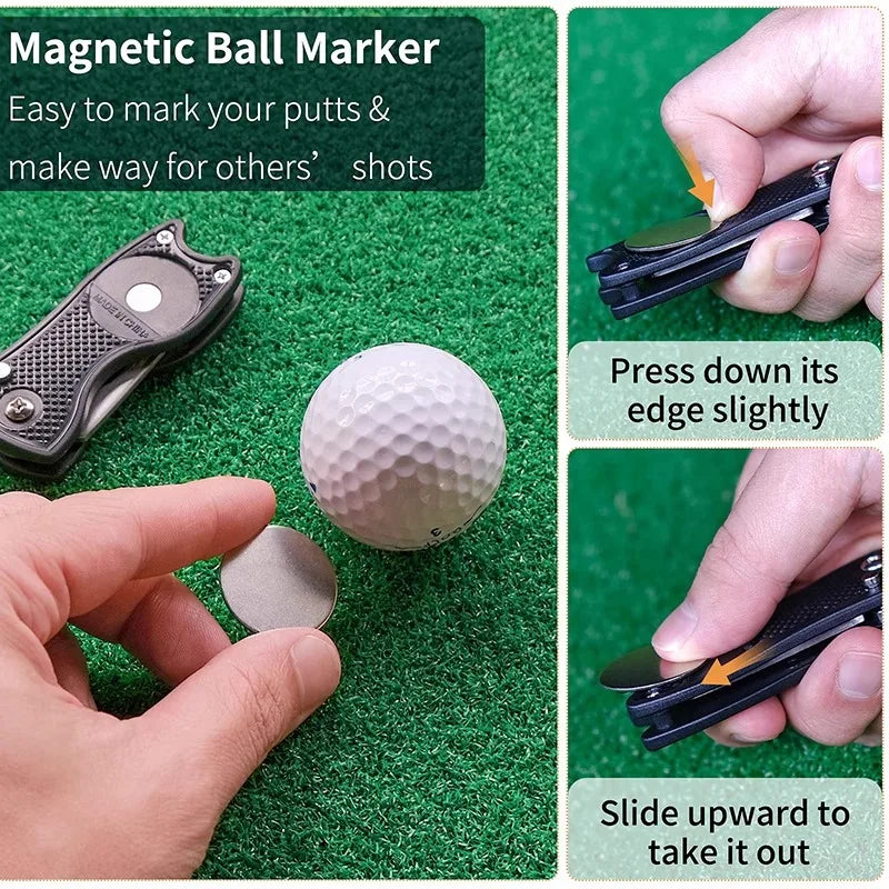 Golf Divot Tool – Foldable Metal Repair Tool with Magnetic Ball Marker
