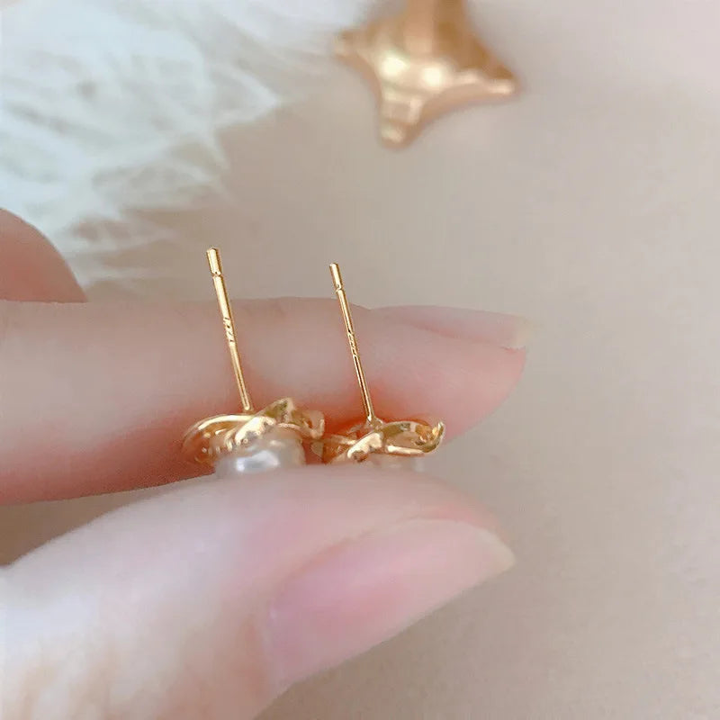 14k Gold Stud Earrings – Zircon Pearl Twist Drop Earrings for Women