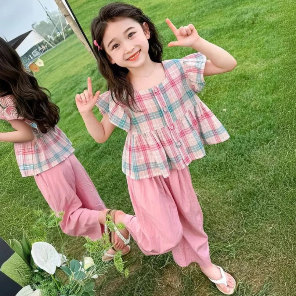 Girls 2-Piece Outfit Set – Square Collar Checkered Top & Wide Leg Pants, Ages 3-10