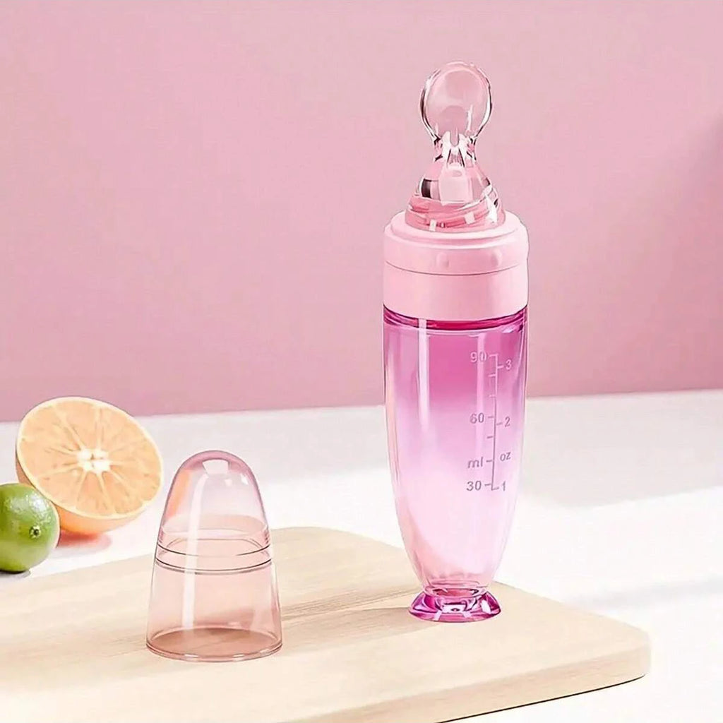 Baby Bottle Feeder – 90ml Silicone Squeeze Feeder with Soft Spoon, Suction Cup & Dust Cap