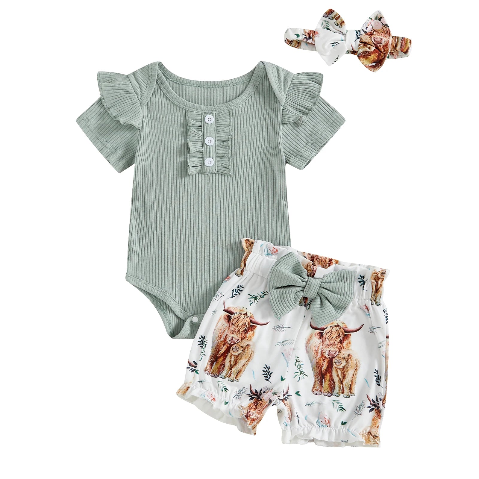 Baby Girl Outfit Set – Short Sleeve Romper, Cow Print Shorts & Headband, 3-Piece, 0-18M